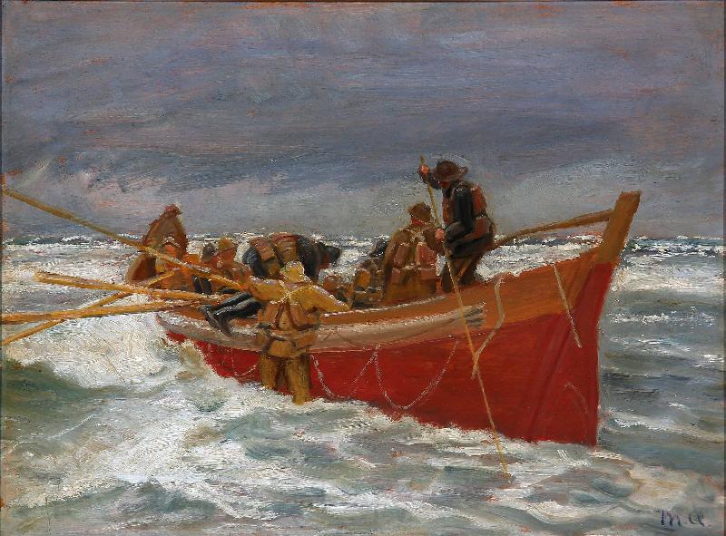 Michael Ancher The red rescue boat on its way out Norge oil painting art